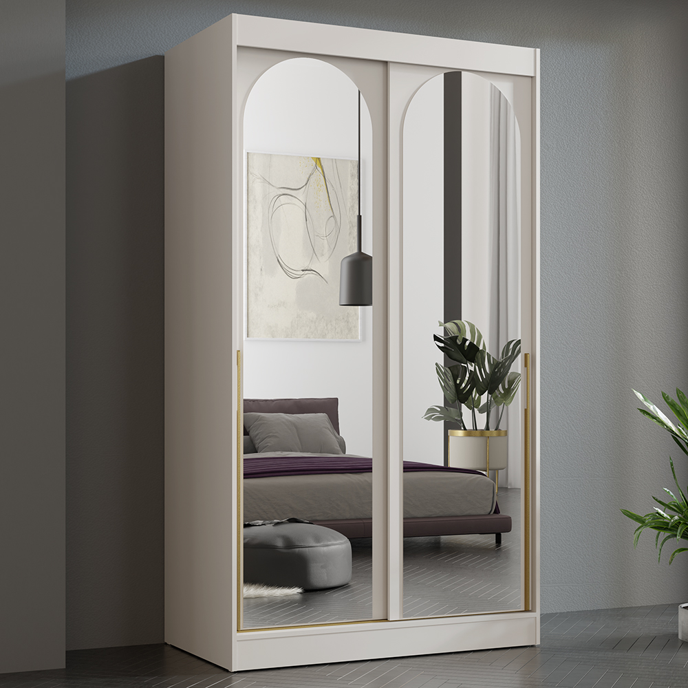 Šatní skříň MODIN | se zrcadlem | 120 cm | kašmír/zlaté úchyty