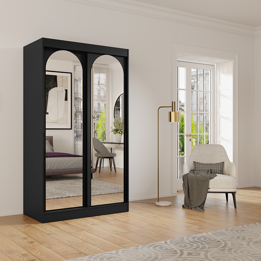 Šatní skříň MODIN | se zrcadlem | 120 cm | černá/černé úchyty