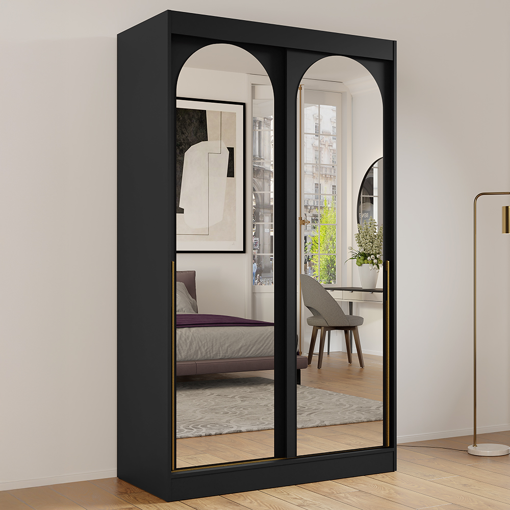 Šatní skříň MODIN | se zrcadlem | 120 cm | černá/zlaté úchyty