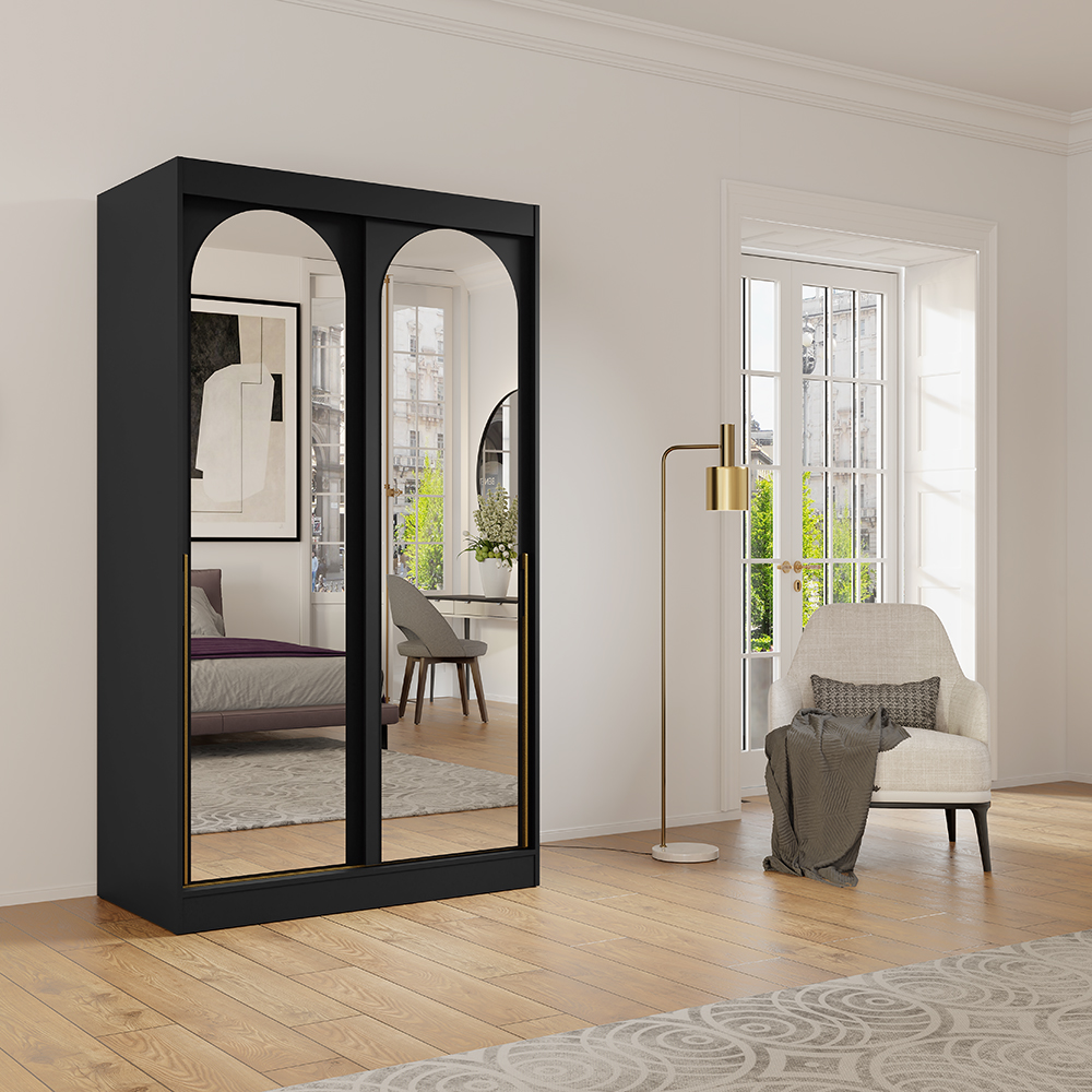 Šatní skříň MODIN | se zrcadlem | 120 cm | černá/zlaté úchyty