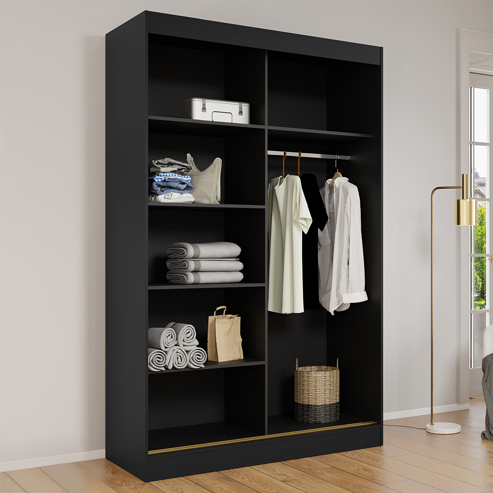 Šatní skříň MODIN | se zrcadlem | 120 cm | černá/zlaté úchyty