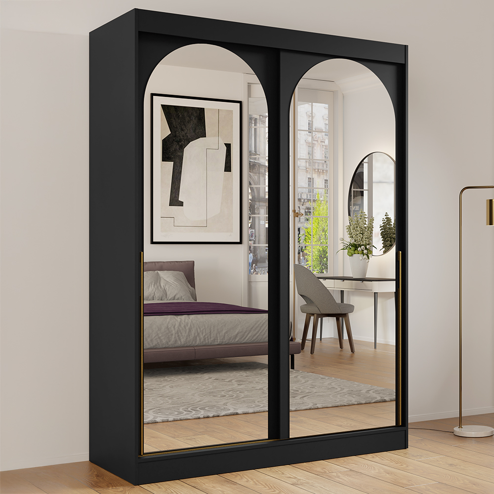 Šatní skříň MODIN | se zrcadlem | 150 cm | černá/zlaté úchyty