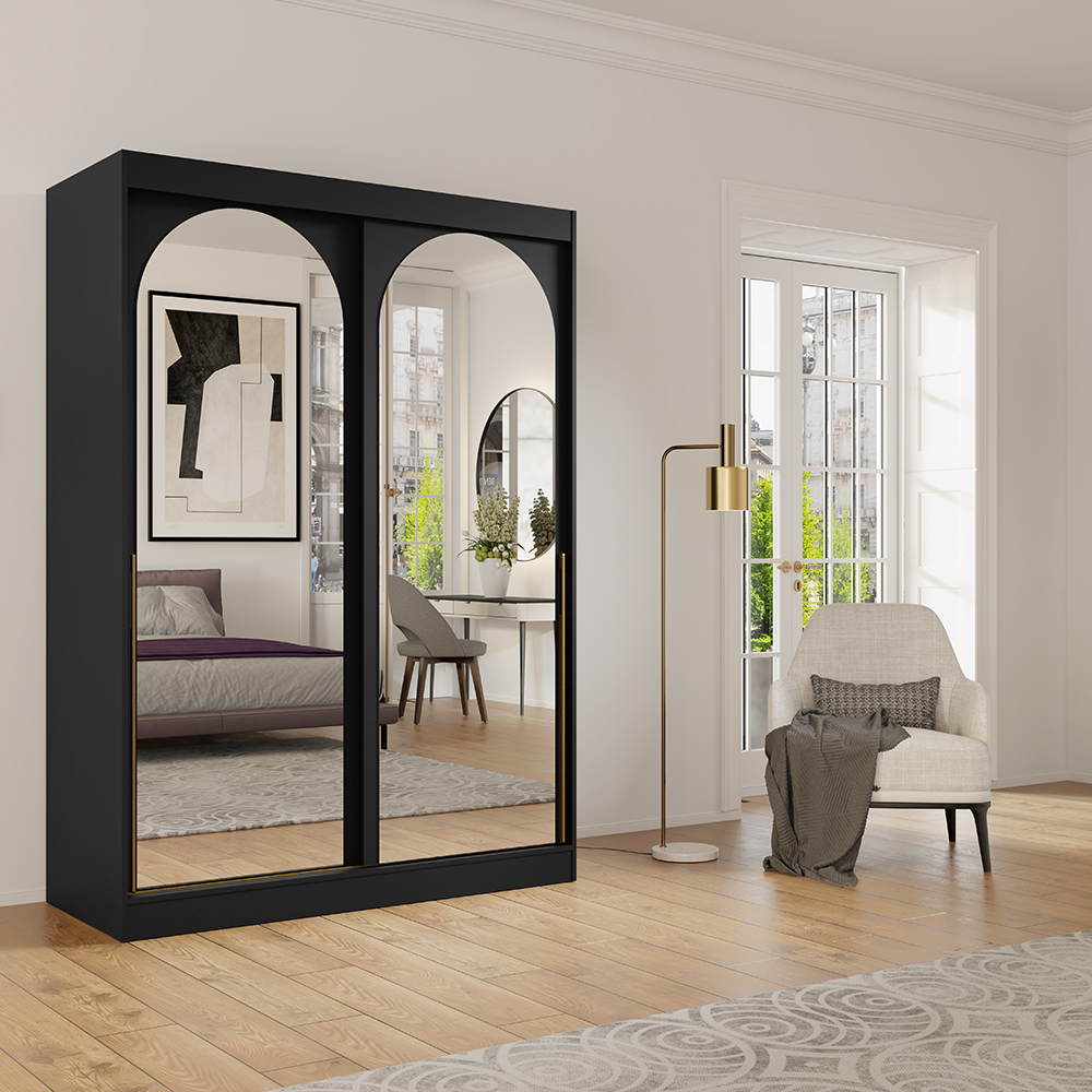 Šatní skříň MODIN | se zrcadlem | 150 cm | černá/zlaté úchyty