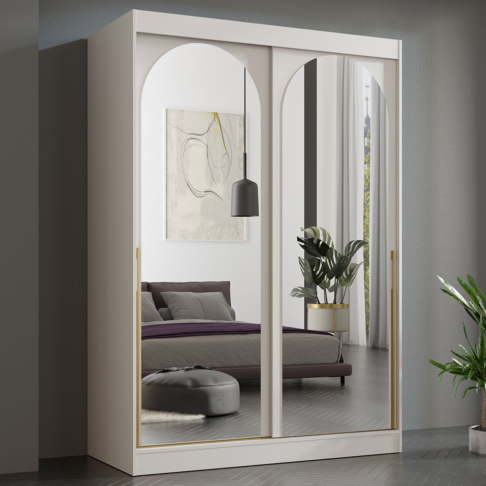 Šatní skříň MODIN | se zrcadlem | 150 cm | kašmír/zlaté úchyty