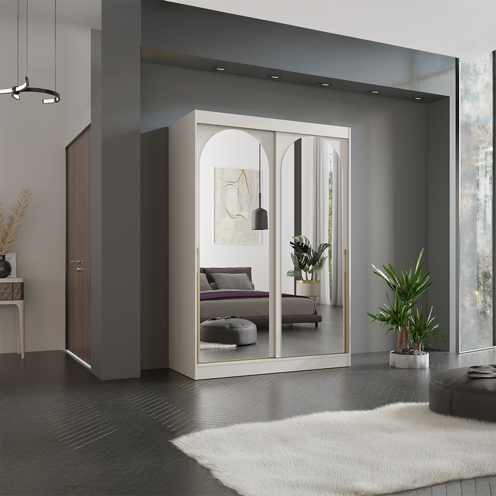 Šatní skříň MODIN | se zrcadlem | 150 cm | kašmír/zlaté úchyty