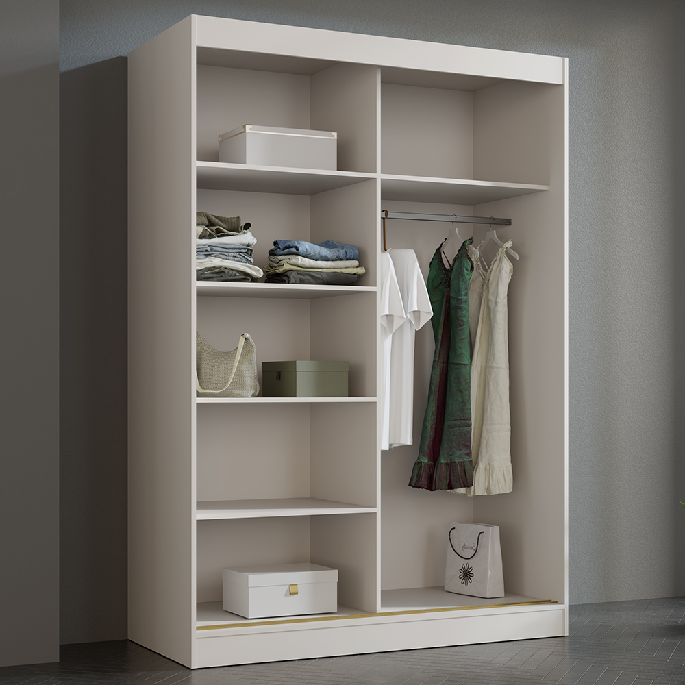 Šatní skříň MODIN | se zrcadlem | 150 cm | kašmír/zlaté úchyty