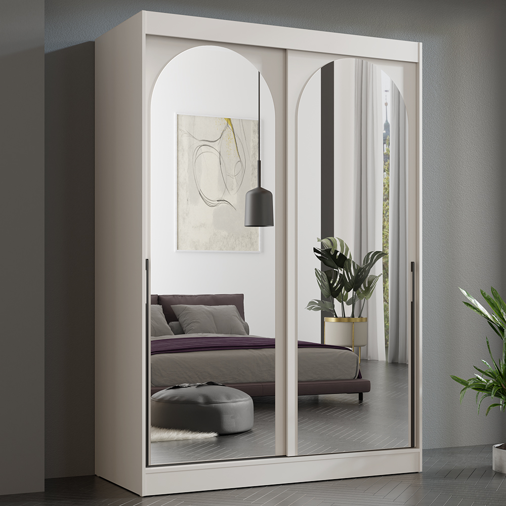 Šatní skříň MODIN | se zrcadlem | 150 cm | kašmír/černé úchyty