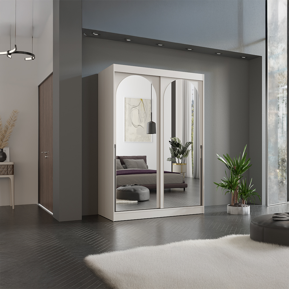 Šatní skříň MODIN | se zrcadlem | 150 cm | kašmír/černé úchyty