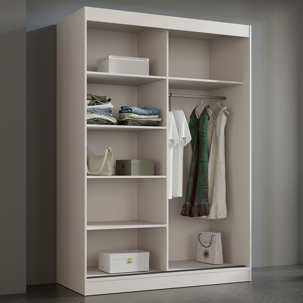 Šatní skříň MODIN | se zrcadlem | 150 cm | kašmír/černé úchyty