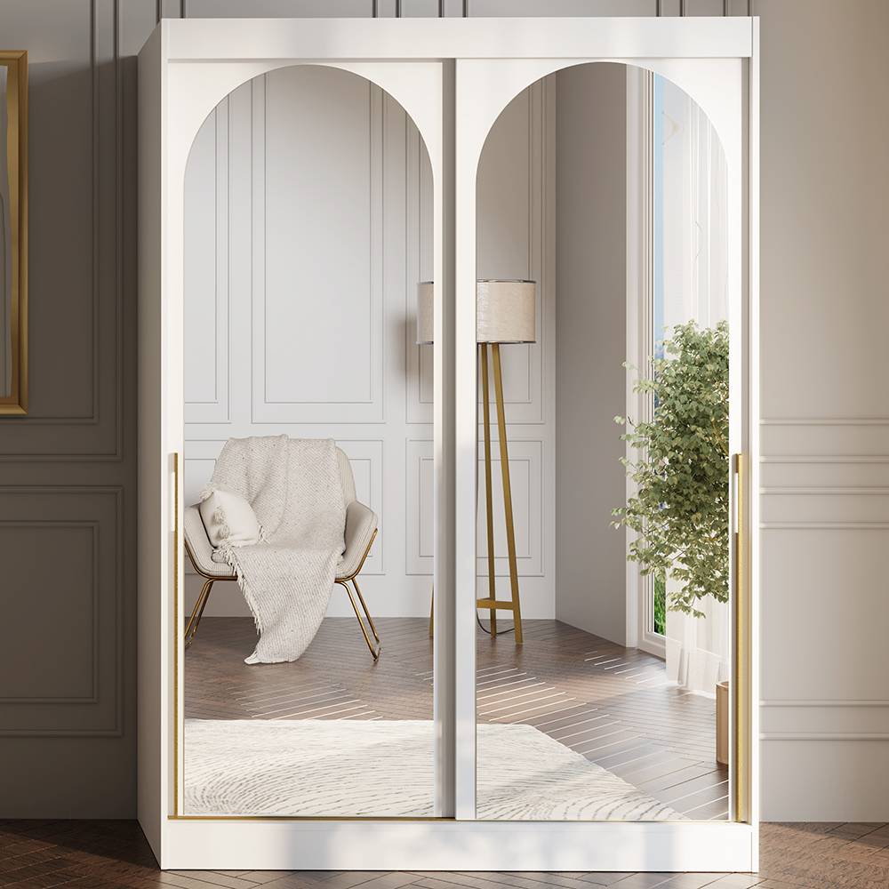 Šatní skříň MODIN | se zrcadlem | 150 cm | bílá/zlaté úchyty