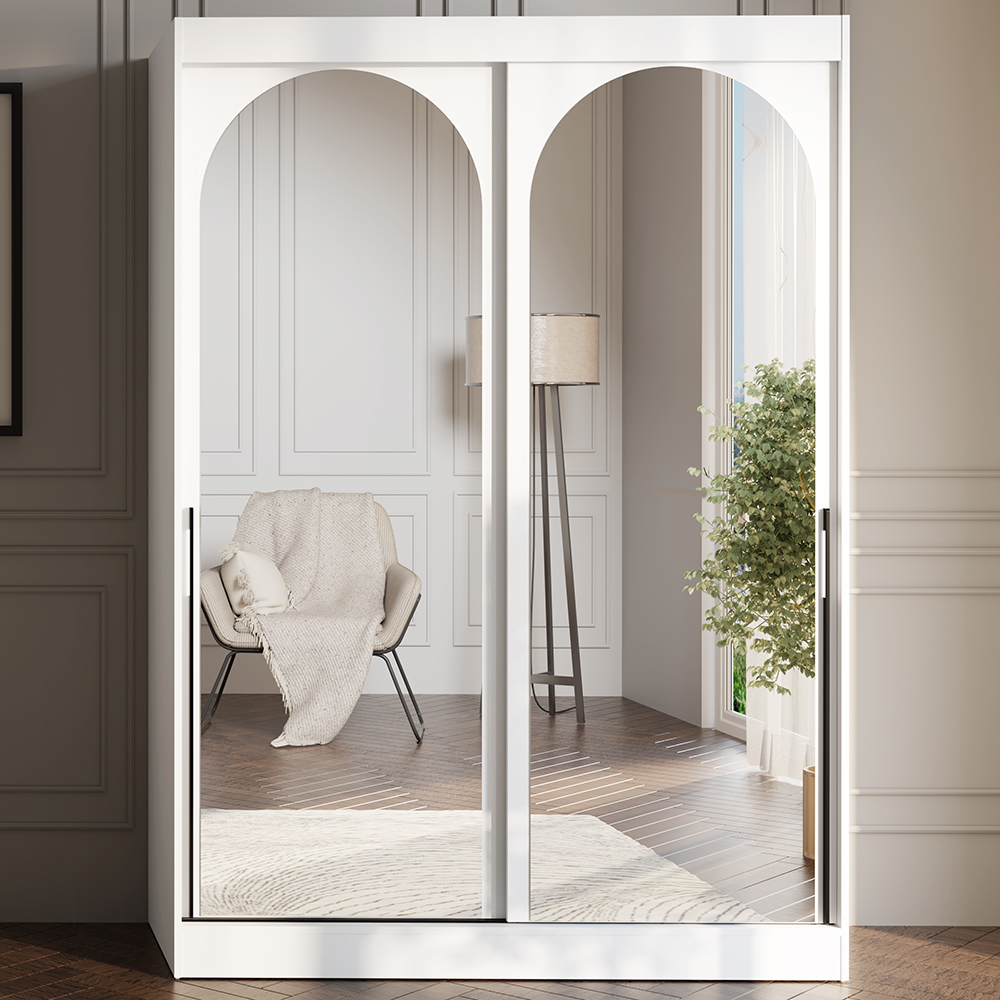 Šatní skříň MODIN | se zrcadlem | 150 cm | bílá/černé úchyty