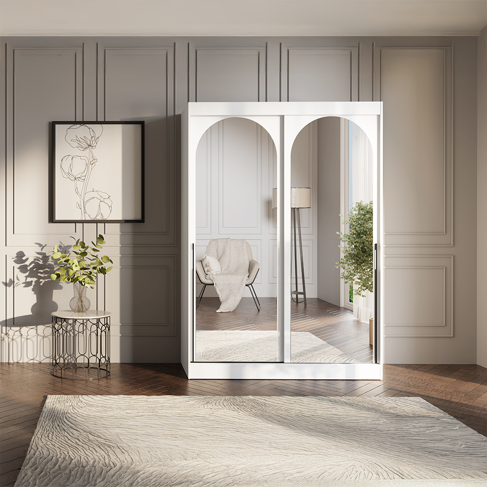 Šatní skříň MODIN | se zrcadlem | 150 cm | bílá/černé úchyty