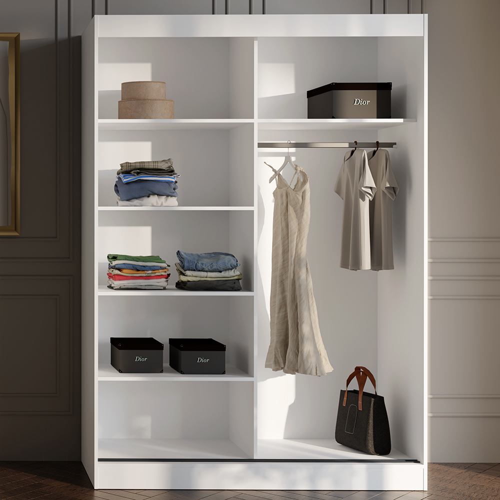 Šatní skříň MODIN | se zrcadlem | 150 cm | bílá/černé úchyty