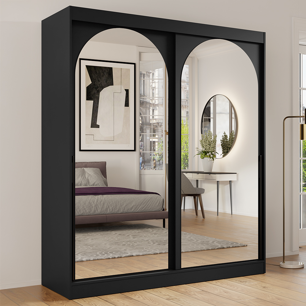 Šatní skříň MODIN | se zrcadlem | 180 cm | černá/černé úchyty