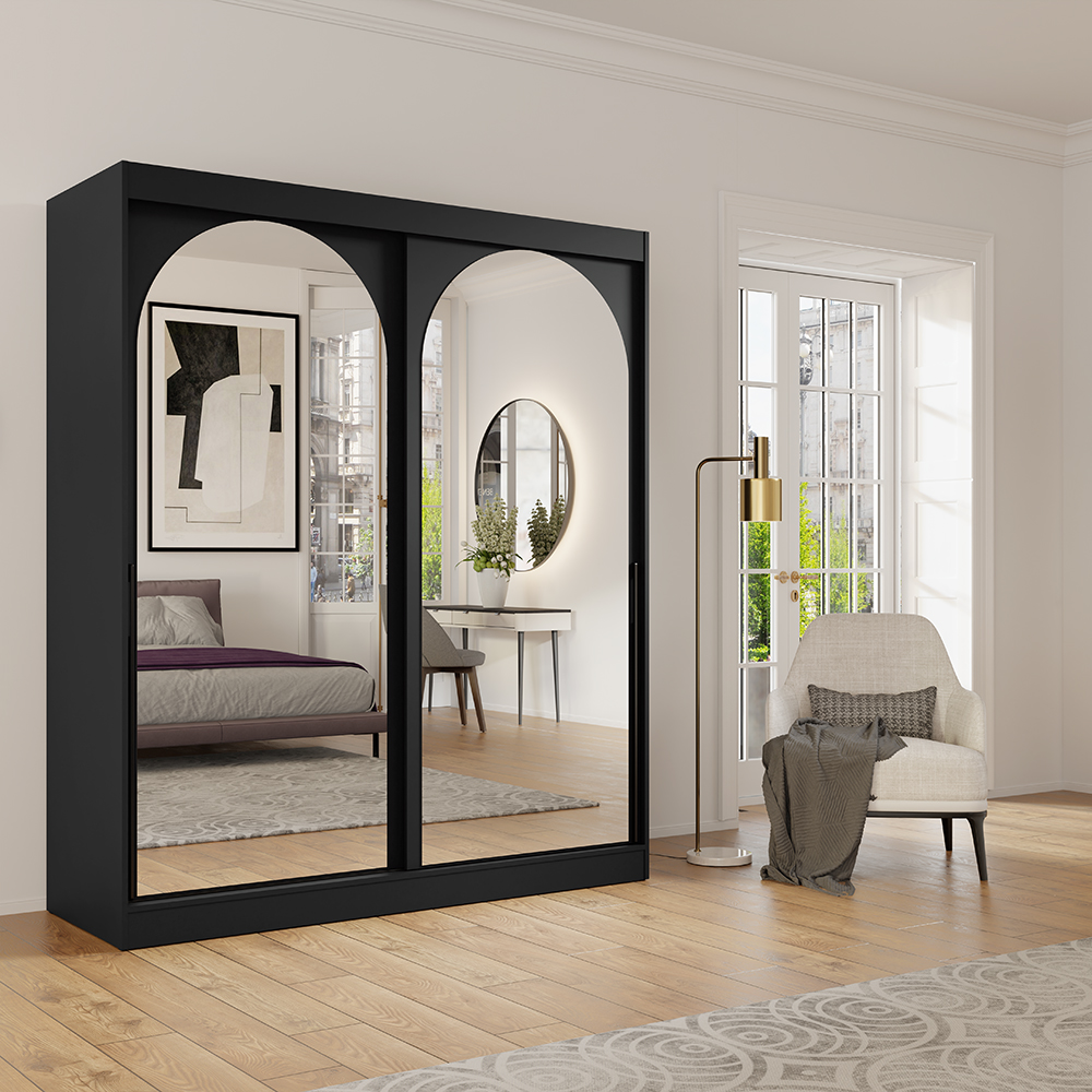 Šatní skříň MODIN | se zrcadlem | 180 cm | černá/černé úchyty