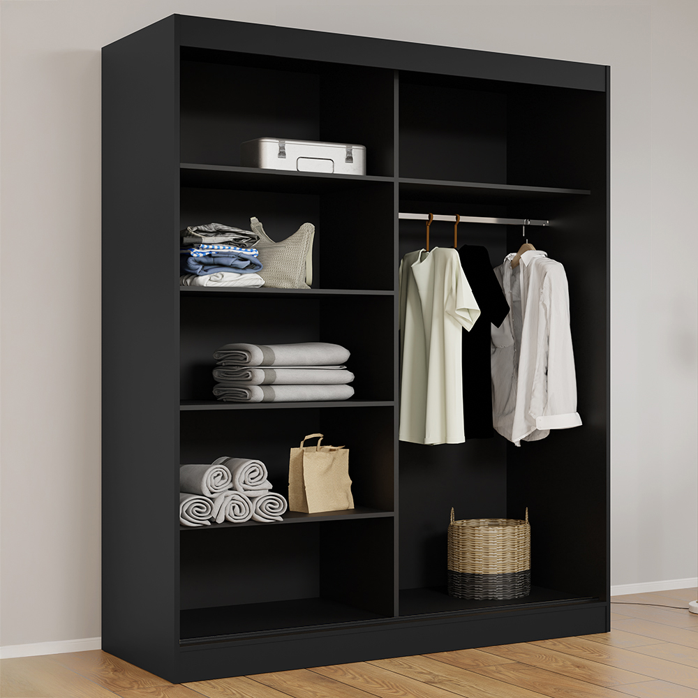 Šatní skříň MODIN | se zrcadlem | 180 cm | černá/černé úchyty