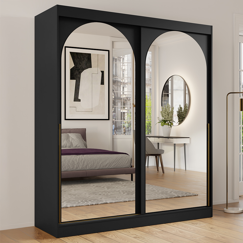 Šatní skříň MODIN | se zrcadlem | 180 cm | černá/zlaté úchyty