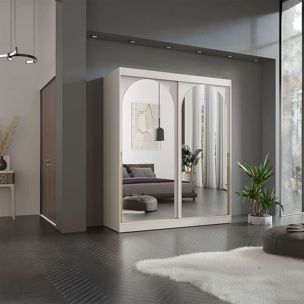 Šatní skříň MODIN | se zrcadlem | 180 cm | kašmír/zlaté úchyty