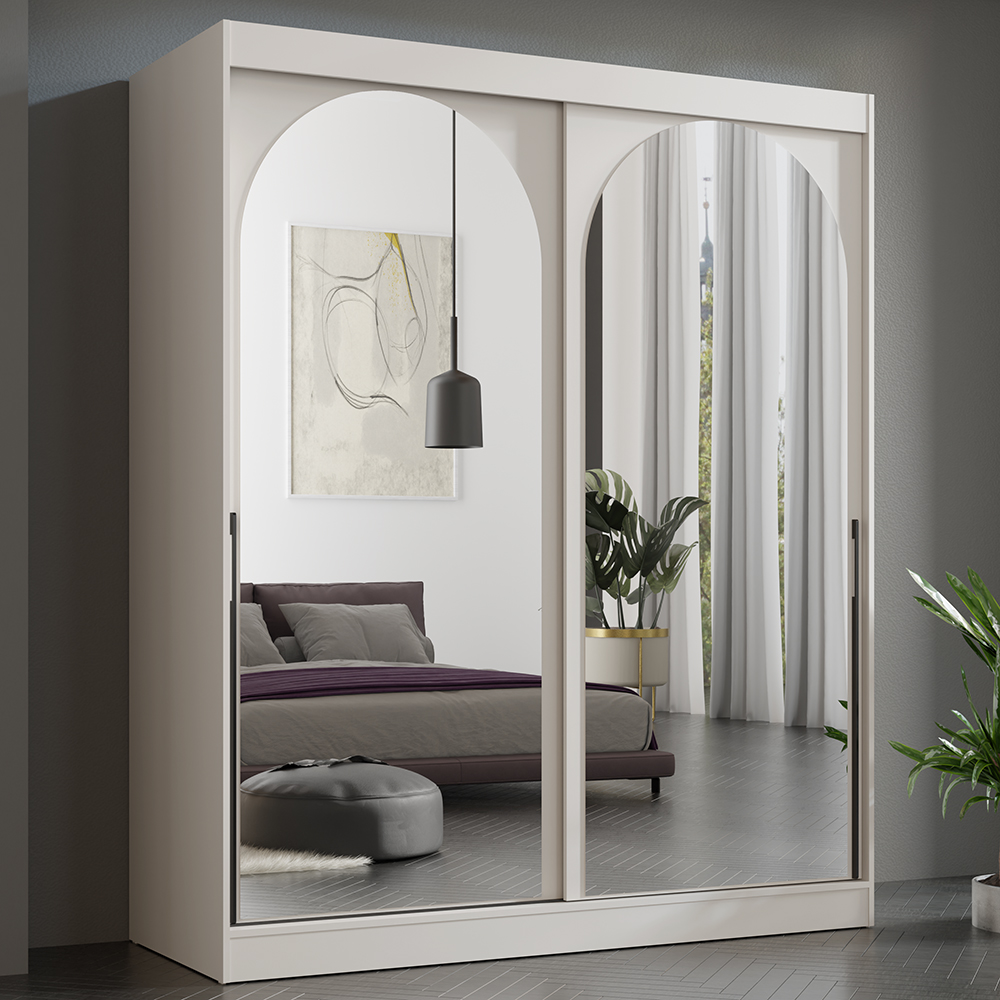 Šatní skříň MODIN | se zrcadlem | 180 cm | kašmír/černé úchyty