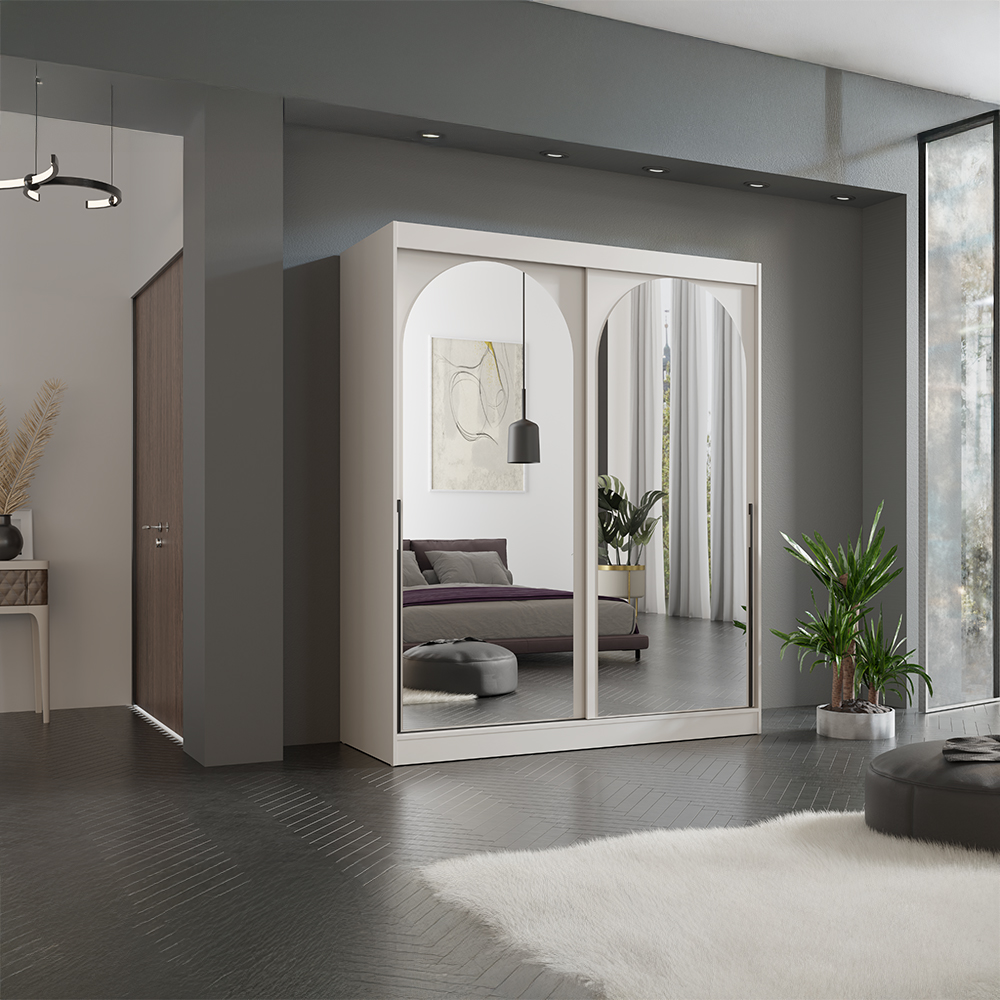 Šatní skříň MODIN | se zrcadlem | 180 cm | kašmír/černé úchyty