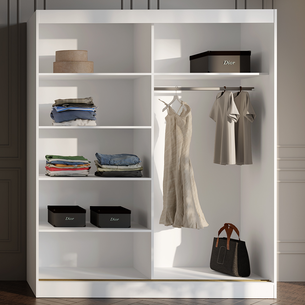 Šatní skříň MODIN | se zrcadlem | 180 cm | bílá/zlaté úchyty