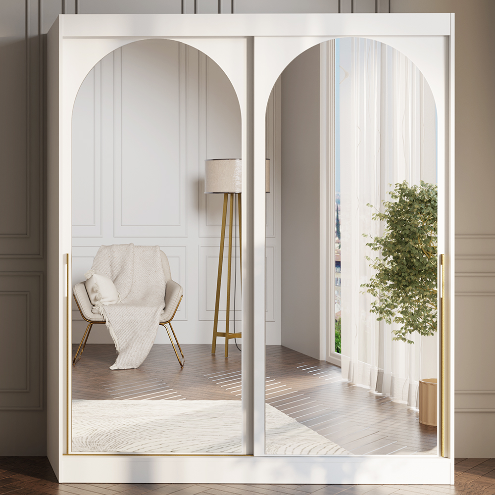 Šatní skříň MODIN | se zrcadlem | 180 cm | bílá/zlaté úchyty