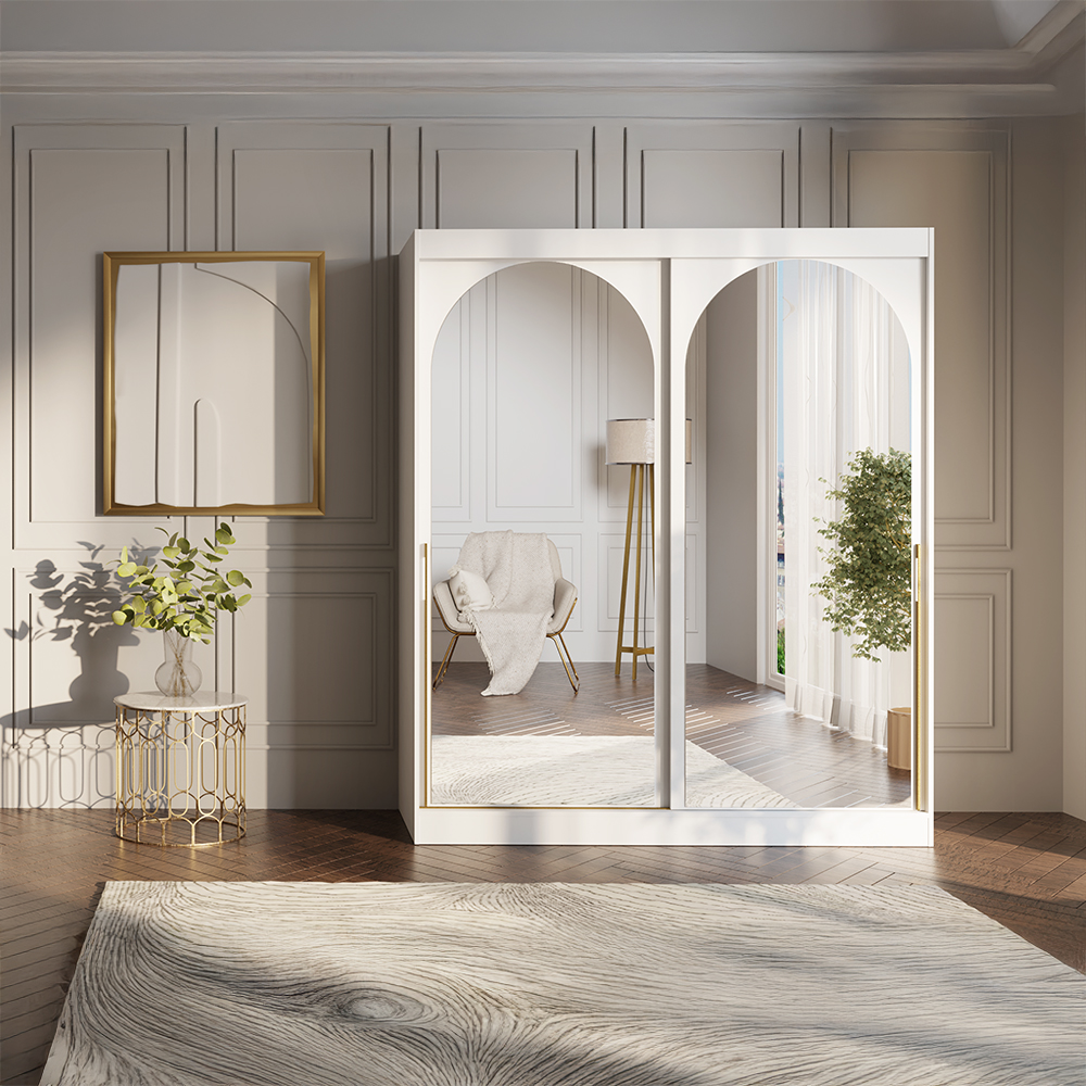 Šatní skříň MODIN | se zrcadlem | 180 cm | bílá/zlaté úchyty