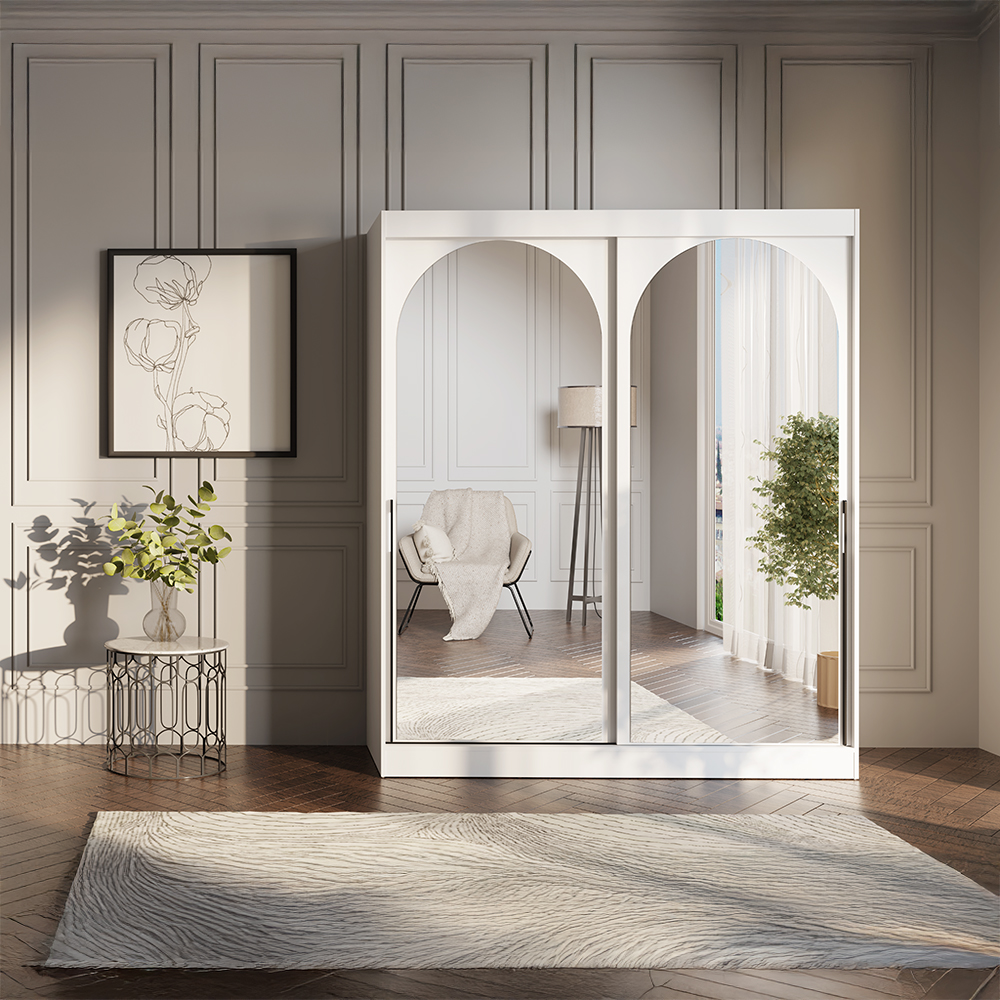 Šatní skříň MODIN | se zrcadlem | 180 cm | bílá/černé úchyty