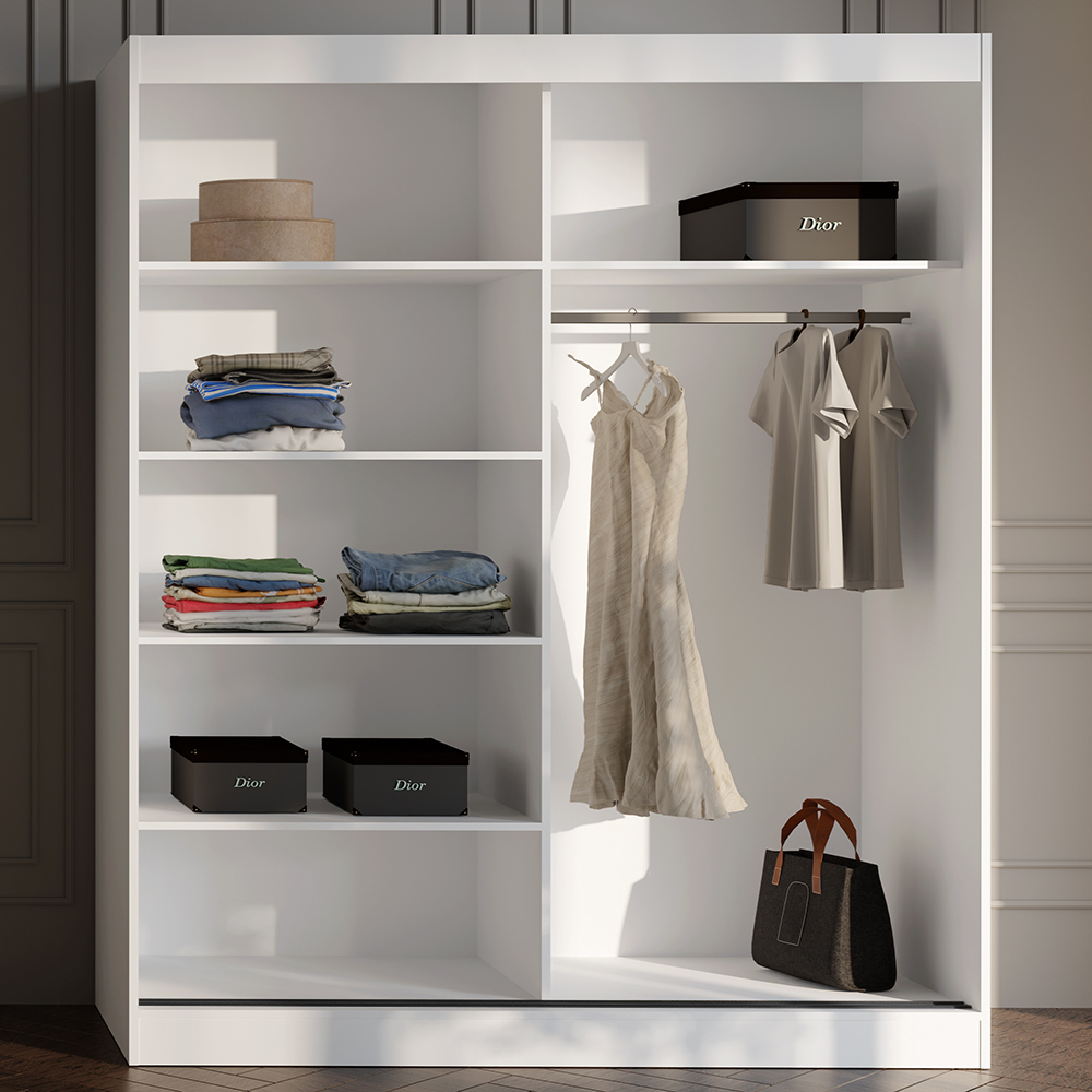 Šatní skříň MODIN | se zrcadlem | 180 cm | bílá/černé úchyty