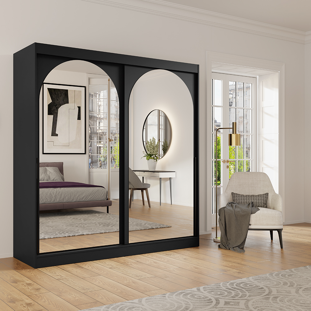 Šatní skříň MODIN | se zrcadlem | 200 cm | černá/černé úchyty