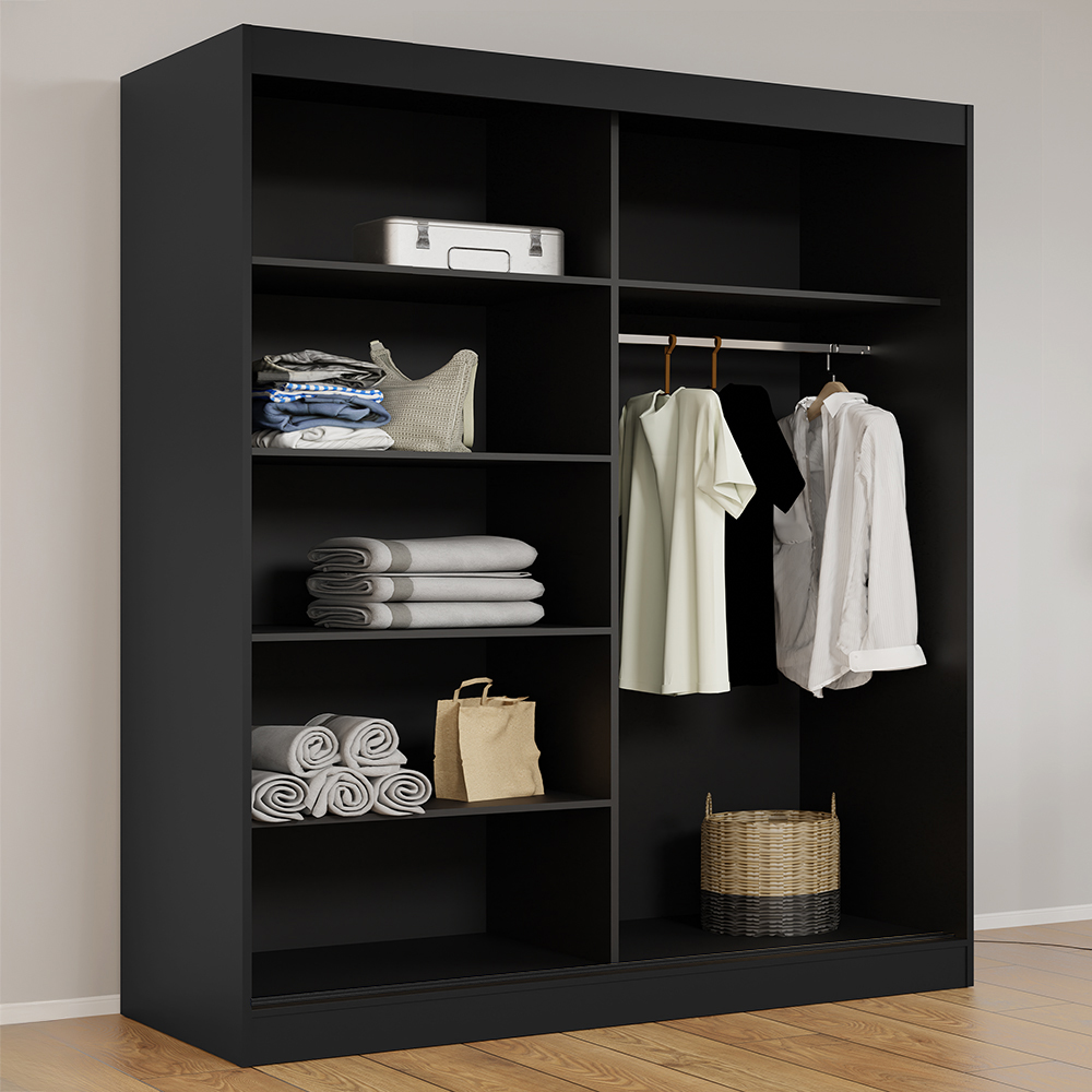 Šatní skříň MODIN | se zrcadlem | 200 cm | černá/černé úchyty