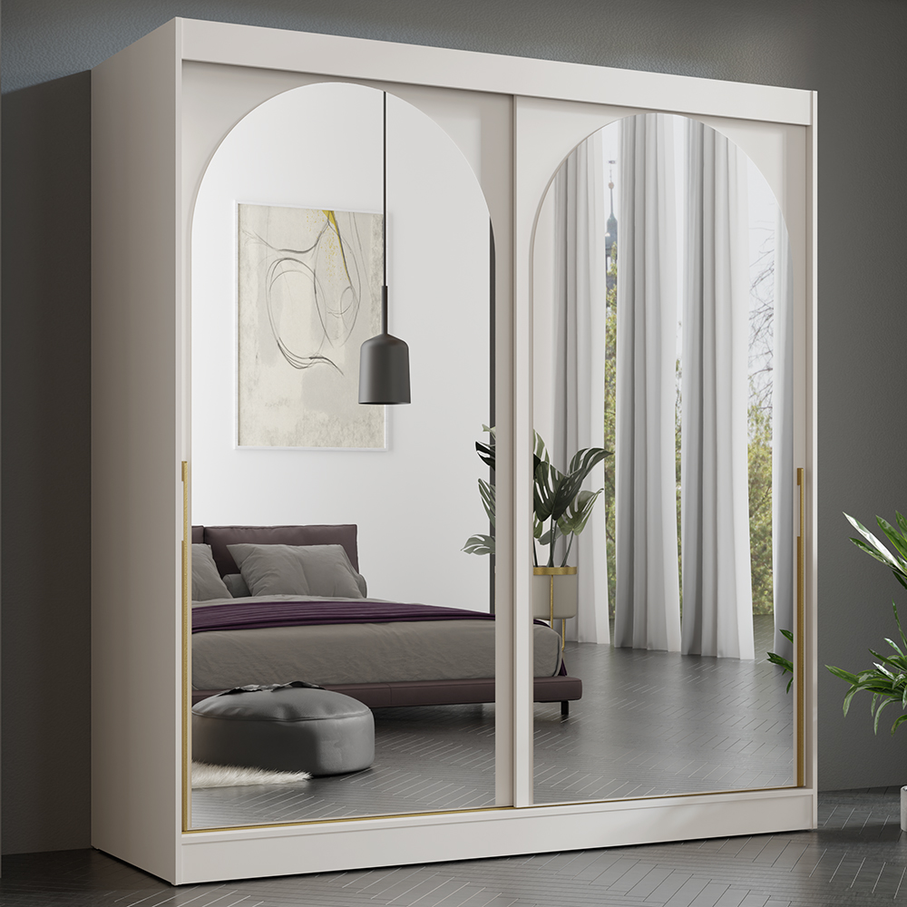 Šatní skříň MODIN | se zrcadlem | 200 cm | kašmír/zlaté úchyty