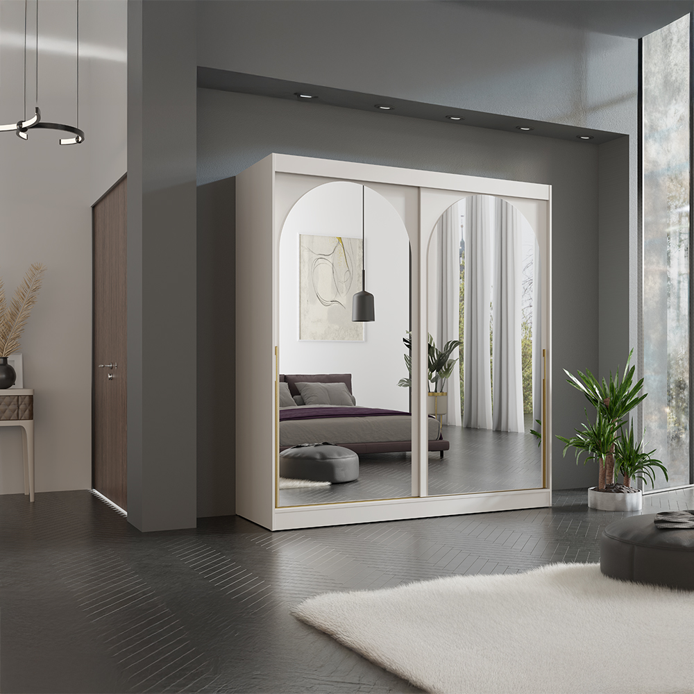 Šatní skříň MODIN | se zrcadlem | 200 cm | kašmír/zlaté úchyty