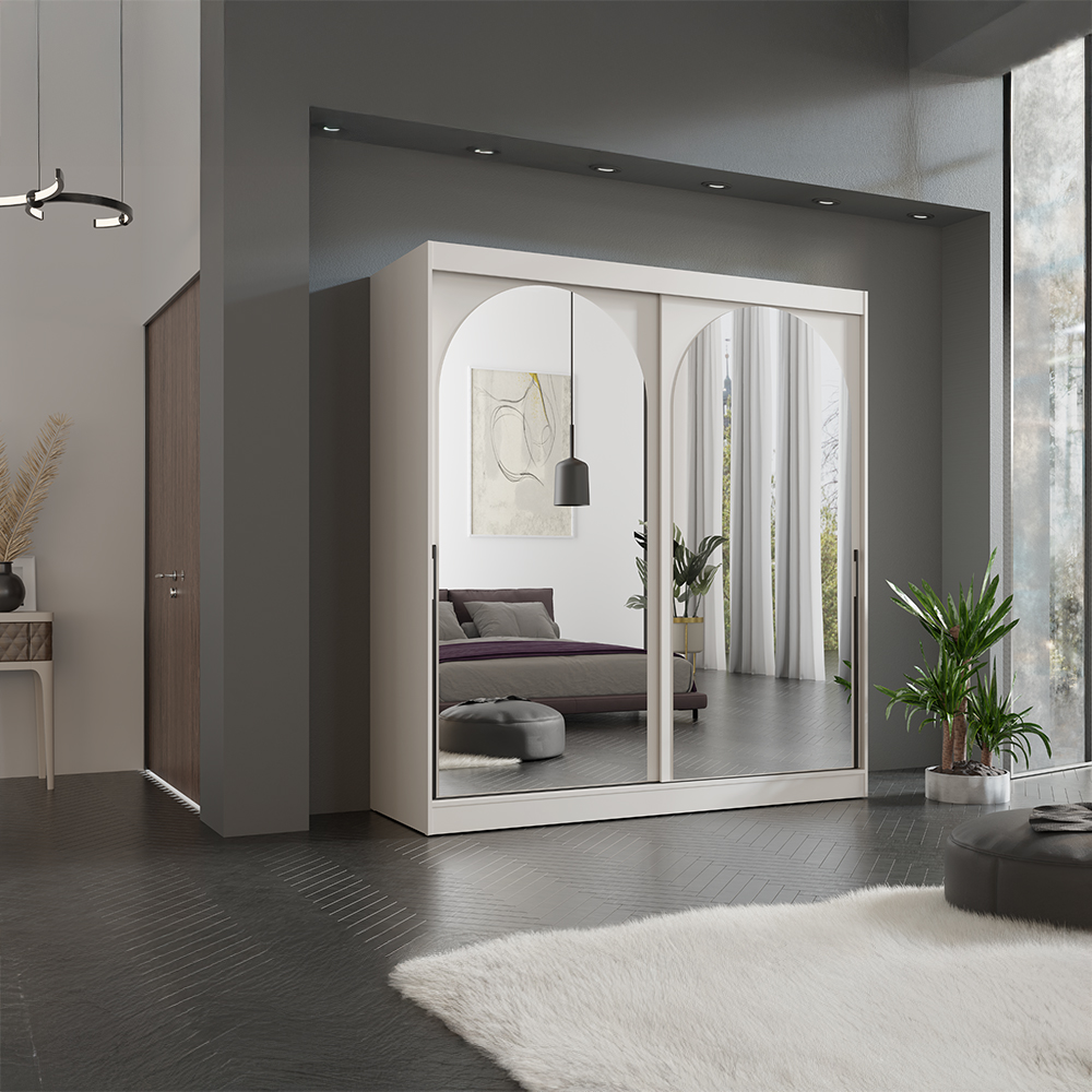 Šatní skříň MODIN | se zrcadlem | 200 cm | kašmír/černé úchyty