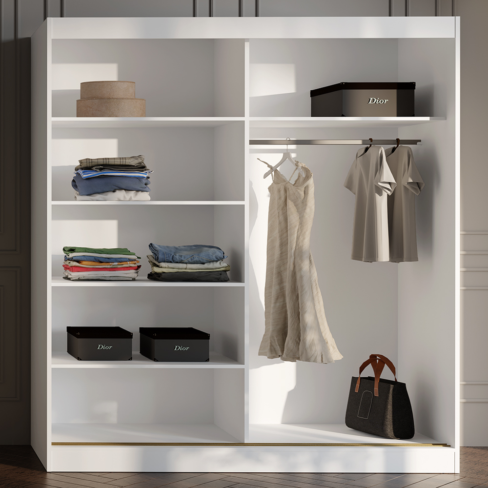 Šatní skříň MODIN | se zrcadlem | 200 cm | bílá/zlaté úchyty