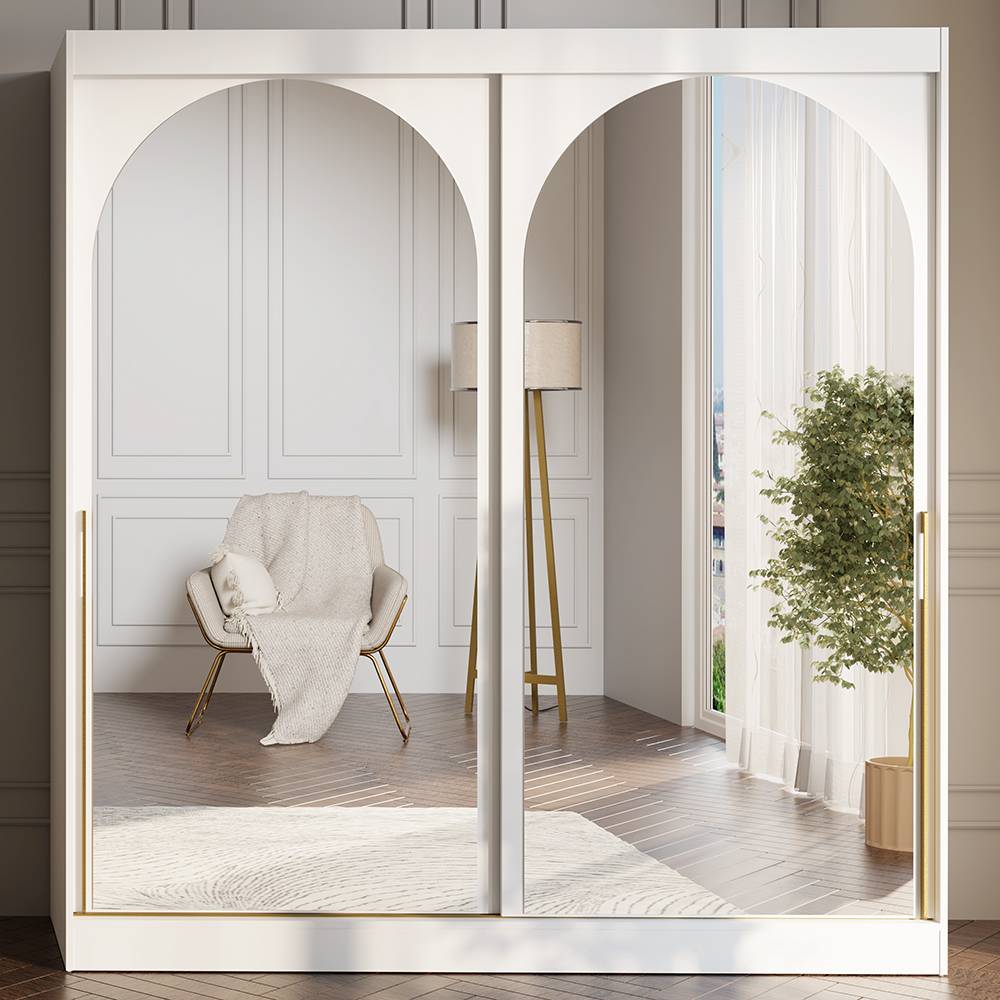 Šatní skříň MODIN | se zrcadlem | 200 cm | bílá/zlaté úchyty