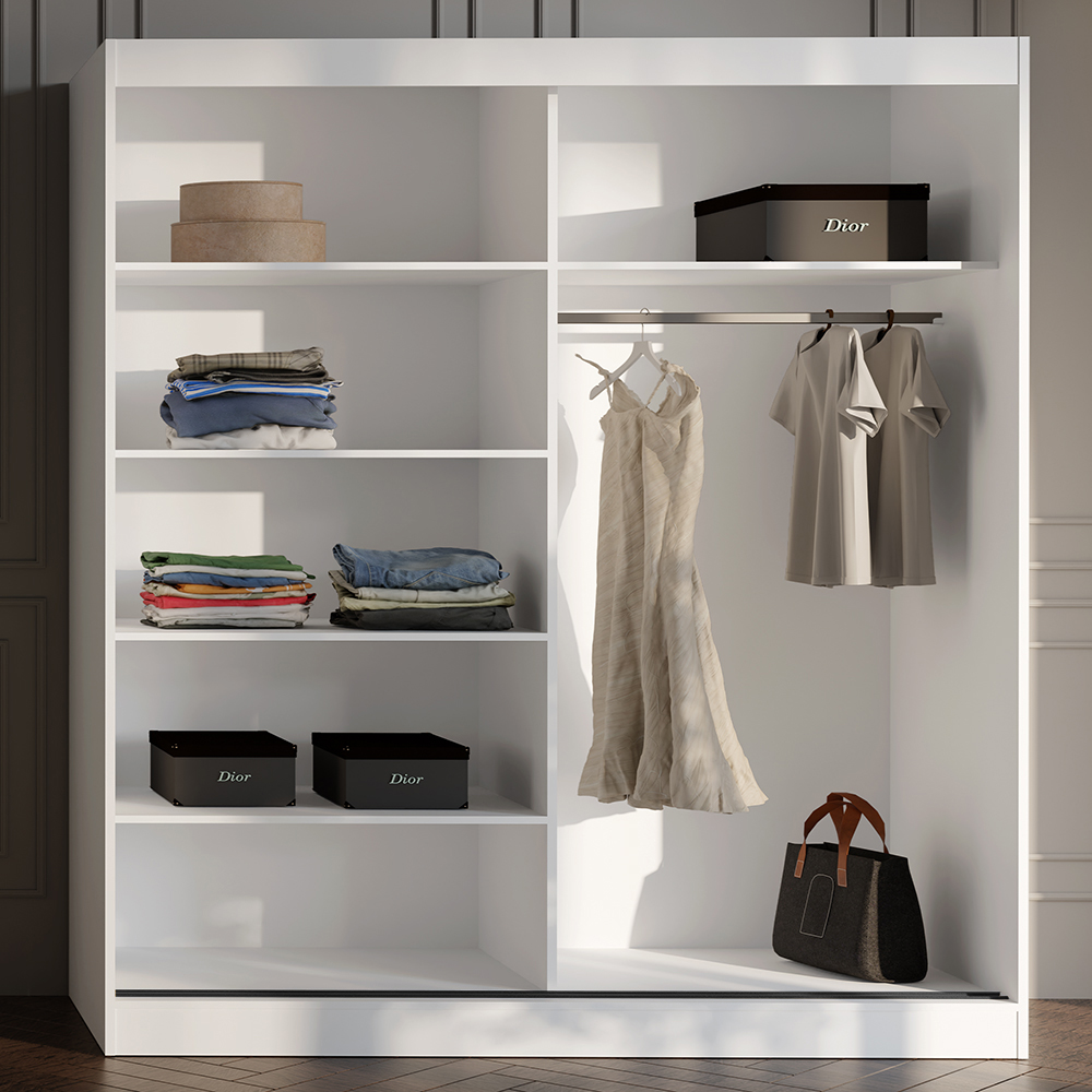 Šatní skříň MODIN | se zrcadlem | 200 cm | bílá/černé úchyty