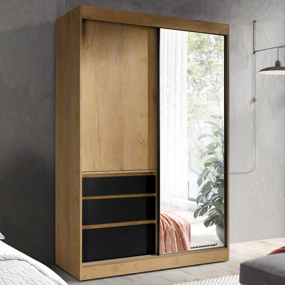 Šatní skříň HAITI | se zrcadlem | 140 cm | dub lefkas/černá