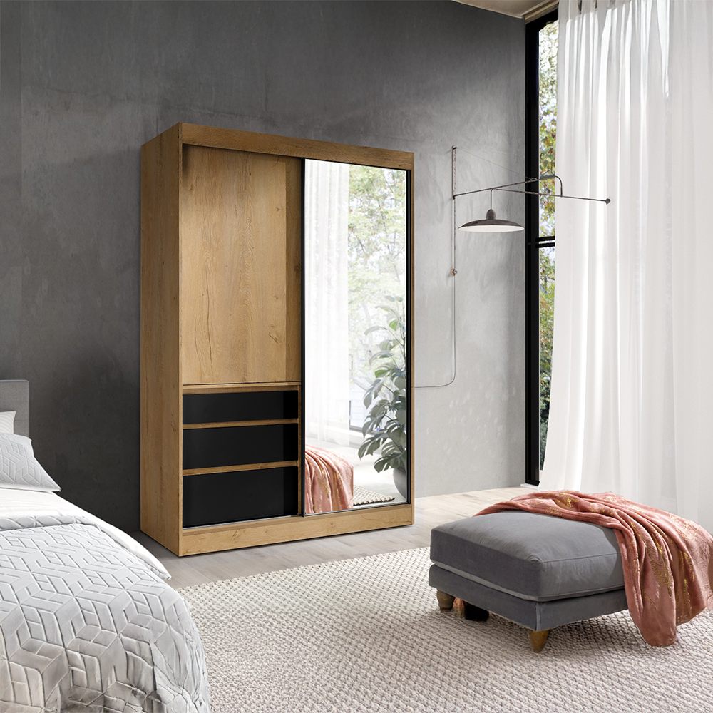 Šatní skříň HAITI | se zrcadlem | 140 cm | dub lefkas/černá