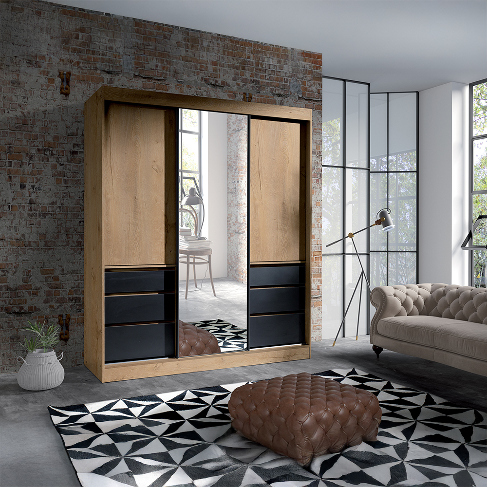 Šatní skříň HAITI | se zrcadlem | 180 cm | dub lefkas/černá