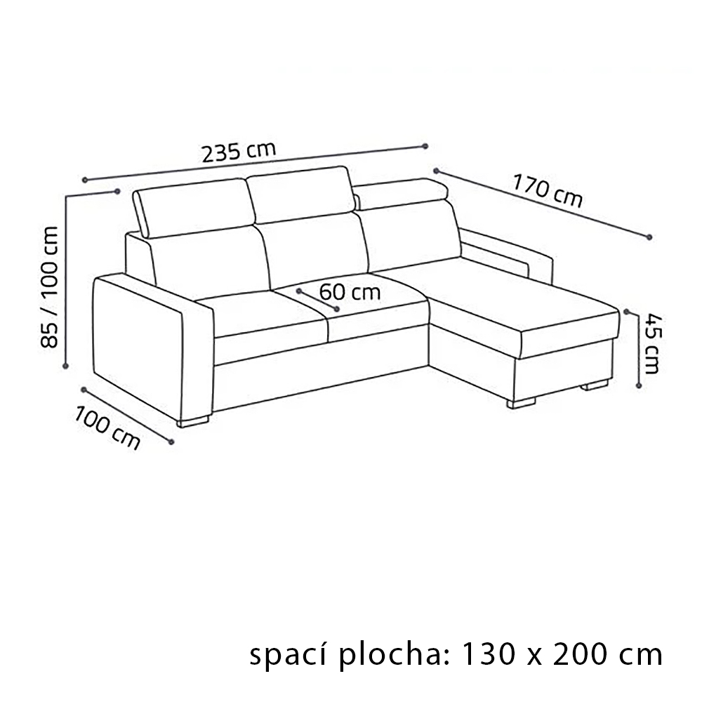 Malá sedací souprava PEDRO L | 235x170 cm | PRAVÁ | rozkládací + úložný prostor | polohovatelné záhlavníky | VÝBĚR TKANIN