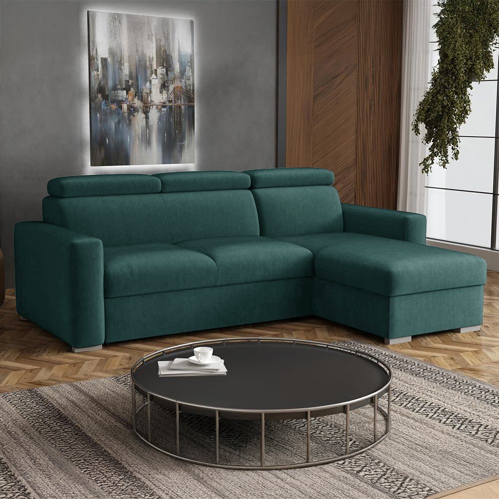 Malá sedací souprava PEDRO L | 235x170 cm | PRAVÁ | rozkládací + úložný prostor | polohovatelné záhlavníky | VÝBĚR TKANIN