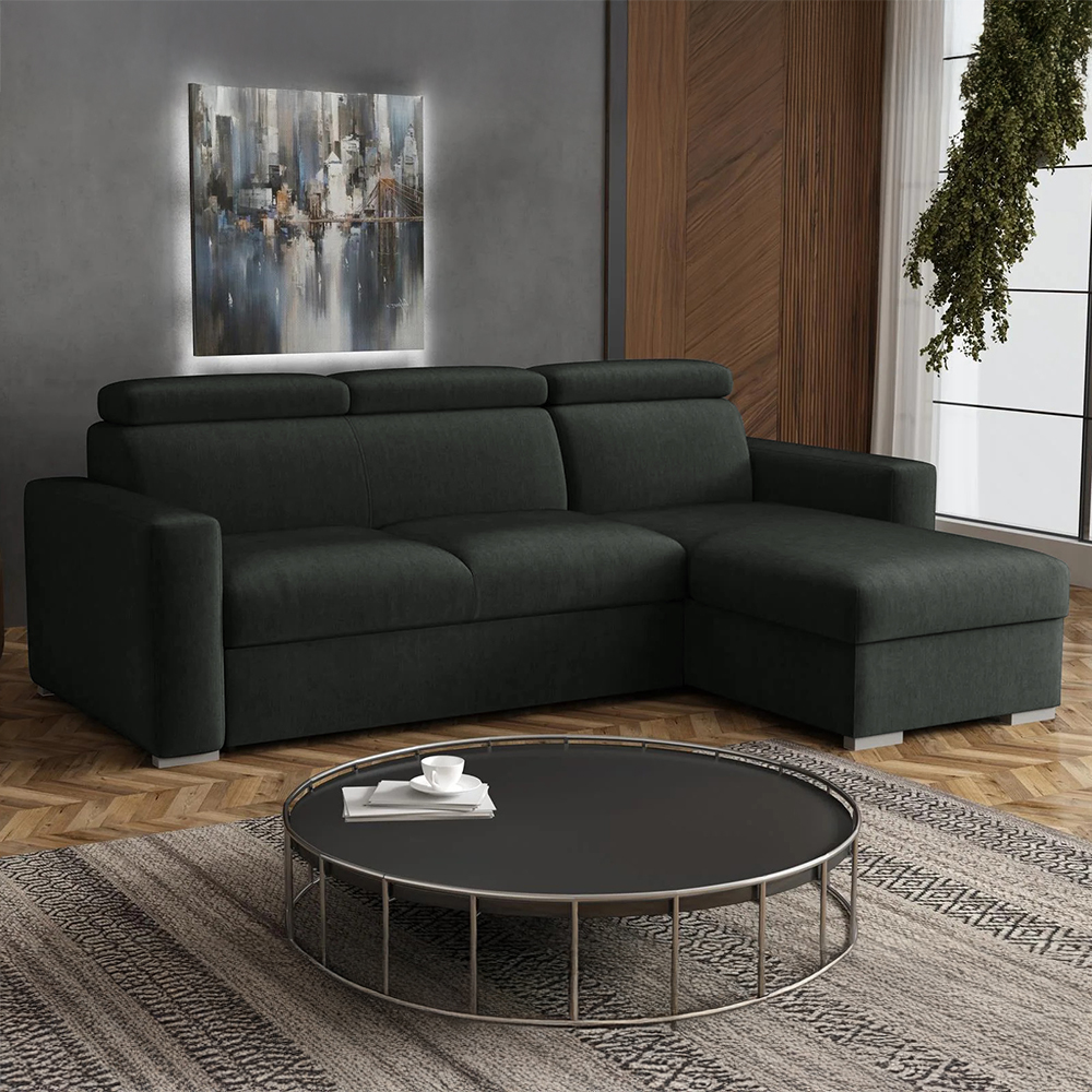 Malá sedací souprava PEDRO L | 235x170 cm | PRAVÁ | rozkládací + úložný prostor | polohovatelné záhlavníky | VÝBĚR TKANIN