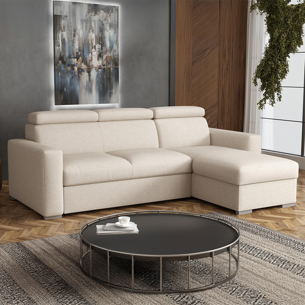 Malá sedací souprava PEDRO L | 235x170 cm | PRAVÁ | rozkládací + úložný prostor | polohovatelné záhlavníky | VÝBĚR TKANIN