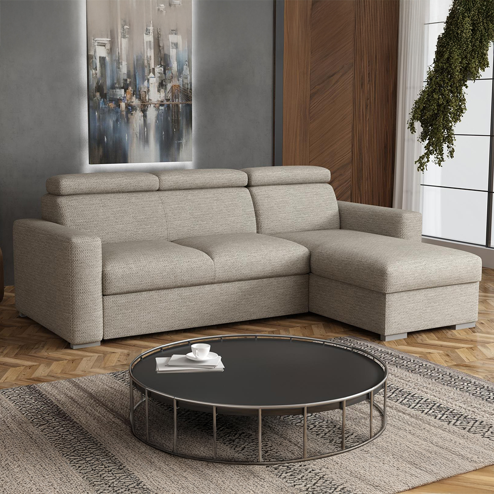 Malá sedací souprava PEDRO L | 235x170 cm | PRAVÁ | rozkládací + úložný prostor | polohovatelné záhlavníky | VÝBĚR TKANIN