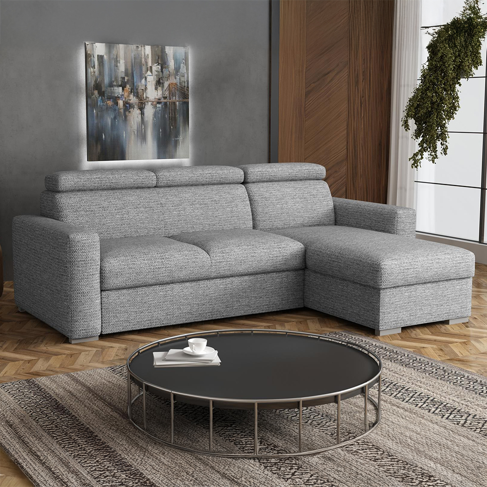 Malá sedací souprava PEDRO L | 235x170 cm | PRAVÁ | rozkládací + úložný prostor | polohovatelné záhlavníky | VÝBĚR TKANIN