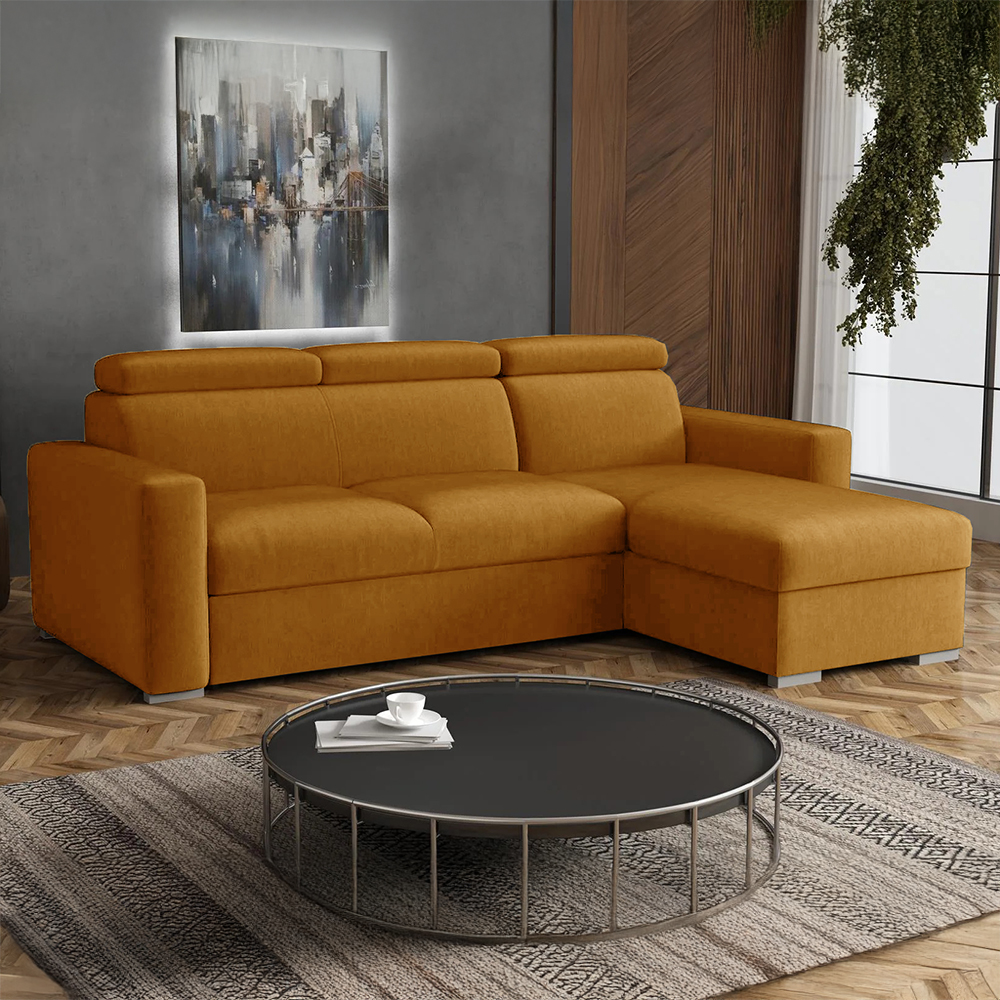 Malá sedací souprava PEDRO L | 235x170 cm | PRAVÁ | rozkládací + úložný prostor | polohovatelné záhlavníky | VÝBĚR TKANIN