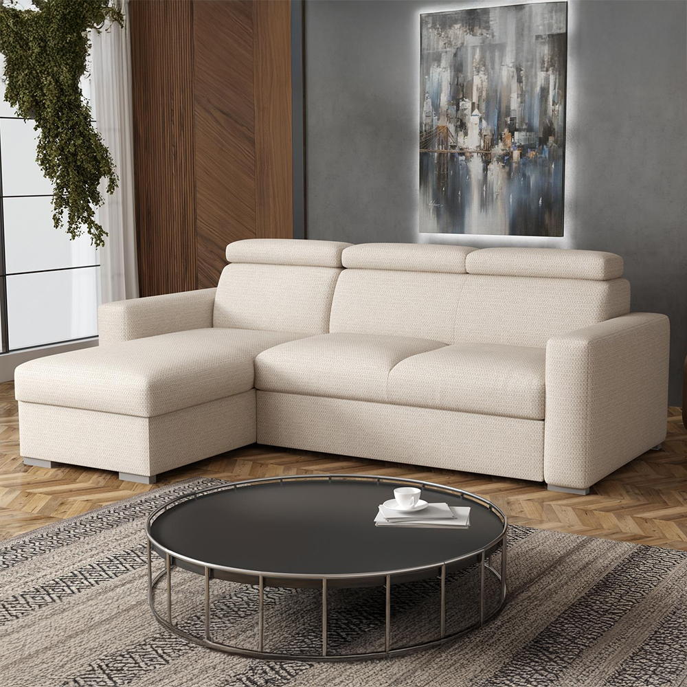 Malá sedací souprava PEDRO L | 170x235 cm | LEVÁ | rozkládací + úložný prostor | polohovatelné záhlavníky | VÝBĚR TKANIN