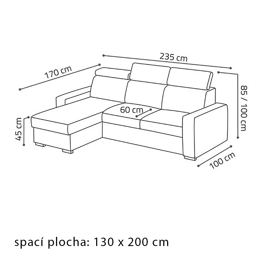 Malá sedací souprava PEDRO L | 170x235 cm | LEVÁ | rozkládací + úložný prostor | polohovatelné záhlavníky | VÝBĚR TKANIN