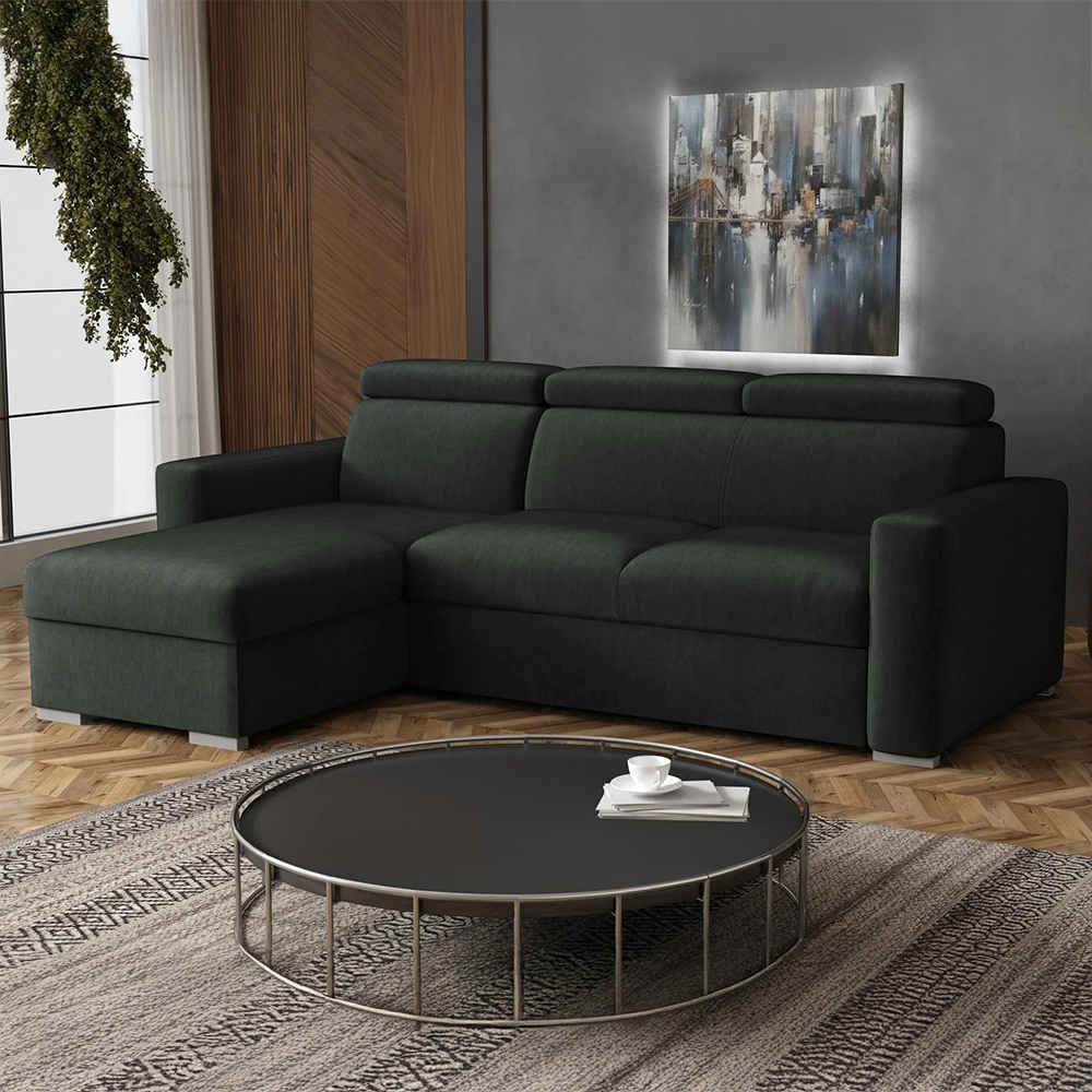 Malá sedací souprava PEDRO L | 170x235 cm | LEVÁ | rozkládací + úložný prostor | polohovatelné záhlavníky | VÝBĚR TKANIN